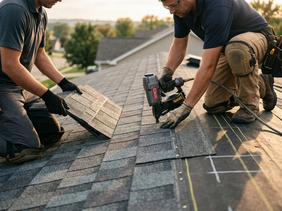 Professional roofer working on a residential roof in Oakhurst